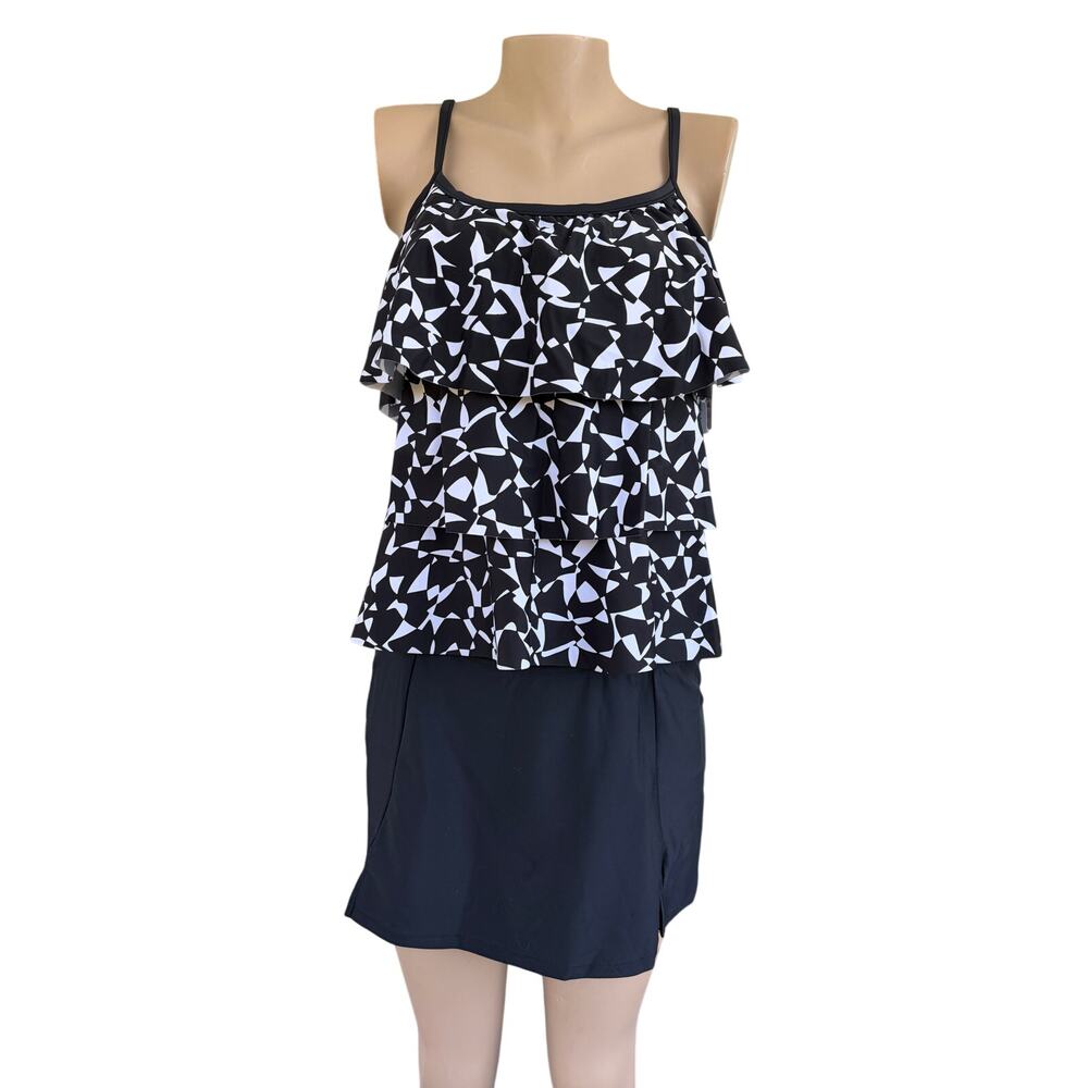 Maxine Of Hollywood Black White Skirted Tiered Tankini Set Skirtini Sz 10